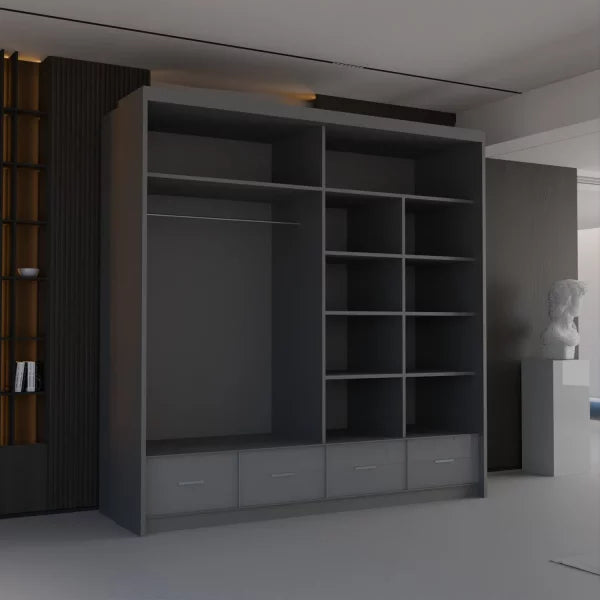GREY HIGH GLOSS SYCYLIA WARDROBE 150-208-255CM